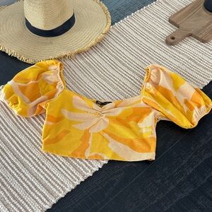 Zara Yellow & Cream Floral Puff-Sleeve Cropped Top